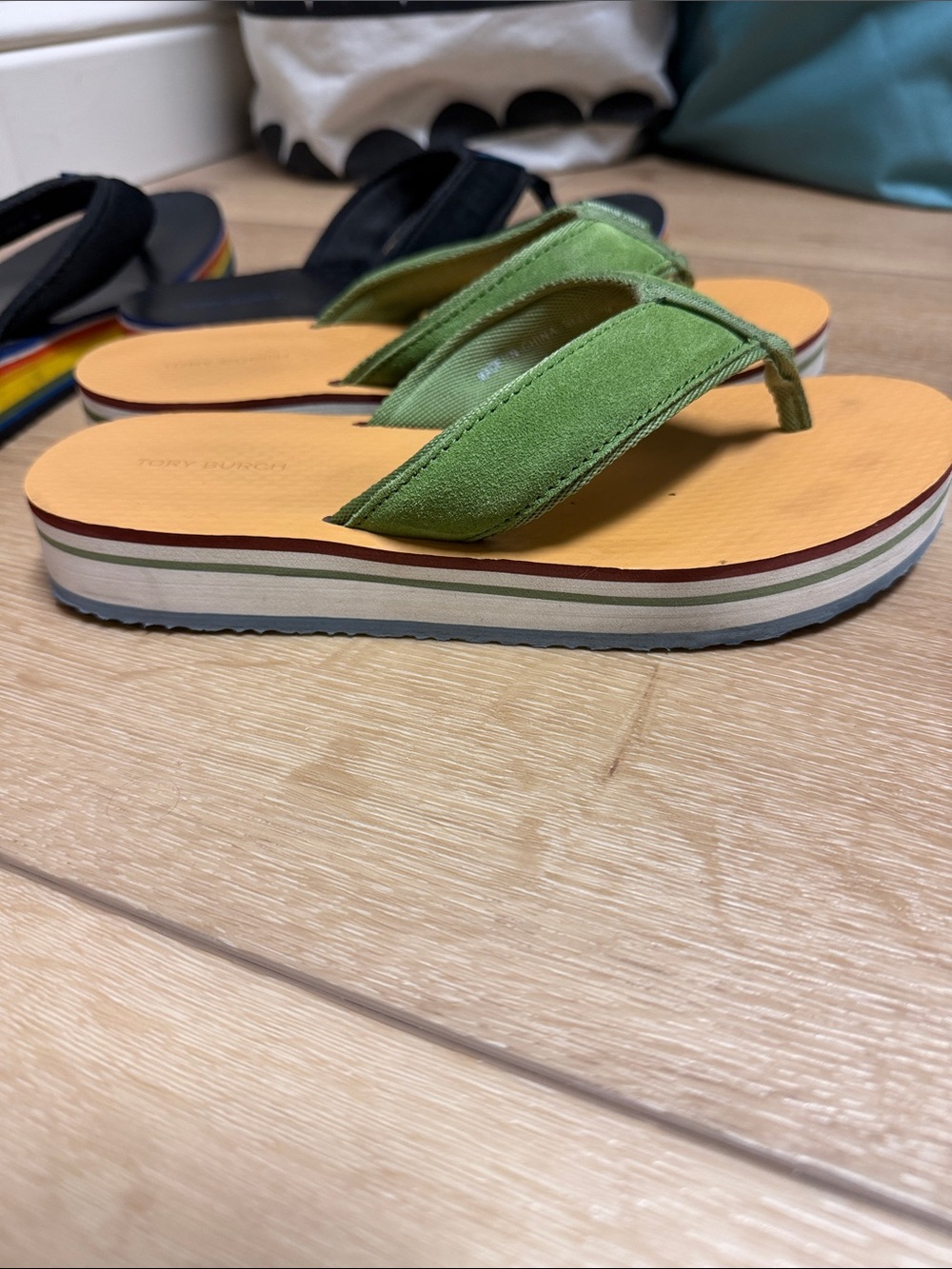 Tory Burch Two-Pair Flip Flop Set in Black, Tan and Green - Picture 4 of 5